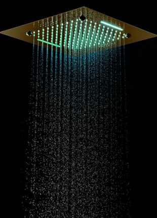 Brushed Gold Dual 20 Inch Flushed Ceiling Mount Rainfall Waterfall Mist 64 LED Light Bluetooth Music Shower Head 8 Way Thermostatic Shower Faucet Set with Body Jets and Touch Panel