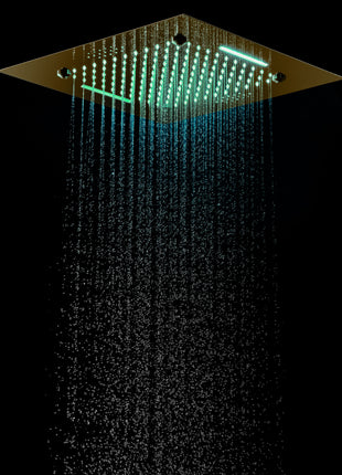 Brushed Gold 20 Inch Flushed Ceiling Mount Rainfall Waterfall Mist 64 LED Light Bluetooth Music Shower Head 6 Way Digital display Thermostatic Shower Faucet Set with Body Jets and regular head