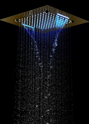 Brushed Gold 20 Inch Flushed Ceiling Mount Rainfall Waterfall Mist 64 LED Light Bluetooth Music Shower Head 6 Way Digital display Thermostatic Shower Faucet Set with Body Jets and regular head