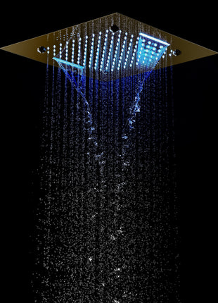 Brushed Gold Dual 20 Inch Flushed Ceiling Mount Rainfall Waterfall Mist 64 LED Light Bluetooth Music Shower Head 8 Way Thermostatic Shower Faucet Set with Body Jets and Touch Panel