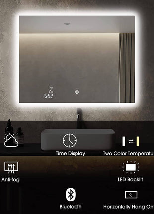 Smart Bluetooth Wi-Fi Enabled Mirror: Featuring Temperature Display, Fog-Free Technology, LED Lighting, and Touch Sensor Makeup Functionality for an Elegant and Functional Wall Accent