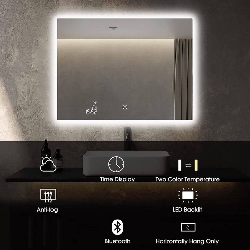 Smart Bluetooth Wi-Fi Enabled Mirror: Featuring Temperature Display, Fog-Free Technology, LED Lighting, and Touch Sensor Makeup Functionality for an Elegant and Functional Wall Accent