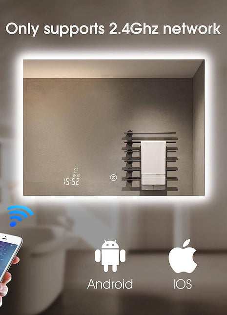 Smart Bluetooth Wi-Fi Enabled Mirror: Featuring Temperature Display, Fog-Free Technology, LED Lighting, and Touch Sensor Makeup Functionality for an Elegant and Functional Wall Accent