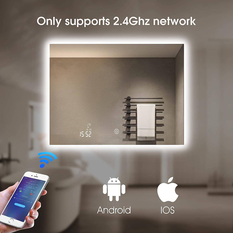 Smart Bluetooth Wi-Fi Enabled Mirror: Featuring Temperature Display, Fog-Free Technology, LED Lighting, and Touch Sensor Makeup Functionality for an Elegant and Functional Wall Accent