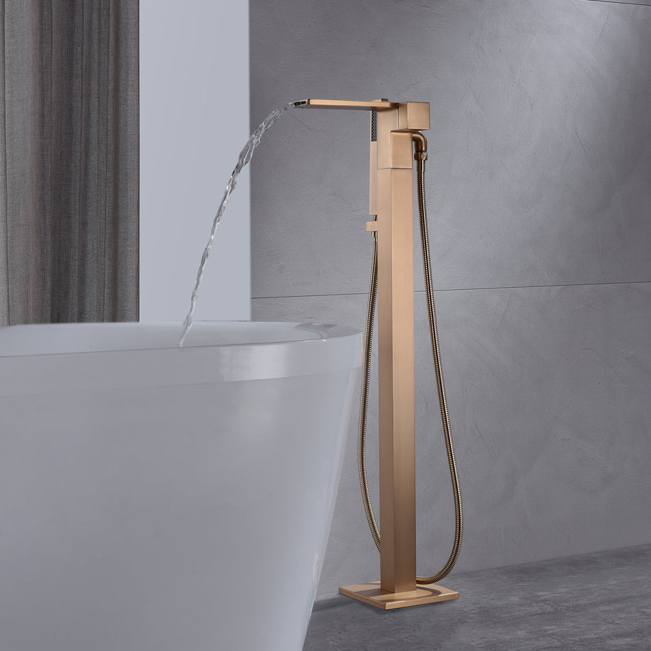 Rose Gold Finish Single Handle Floor Mount Waterfall Freestanding Tub Filler Faucet with Hand Shower