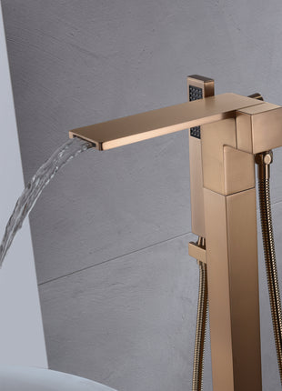 Rose Gold Finish Single Handle Floor Mount Waterfall Freestanding Tub Filler Faucet with Hand Shower