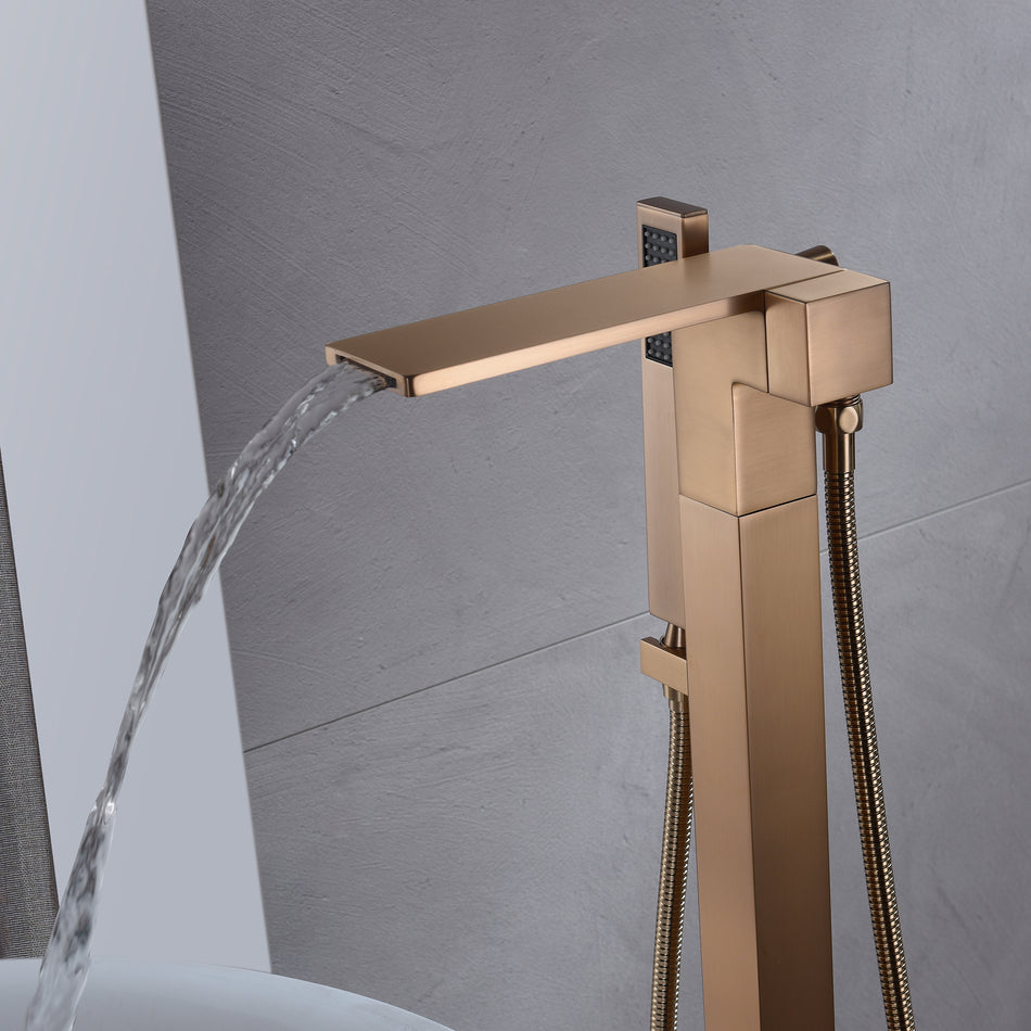 Rose Gold Finish Single Handle Floor Mount Waterfall Freestanding Tub Filler Faucet with Hand Shower