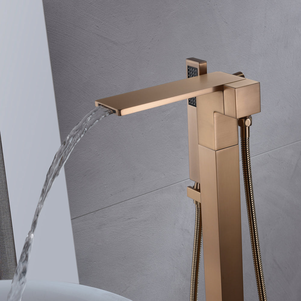 
                  
                    Rose Gold Finish Single Handle Floor Mount Waterfall Freestanding Tub Filler Faucet with Hand Shower
                  
                