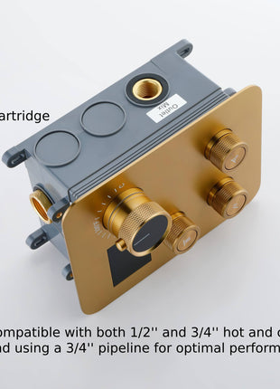 Brushed Gold Ceiling Mount Rainfall Head 3 Way Thermostatic Shower Faucet With 6'' Regular Head