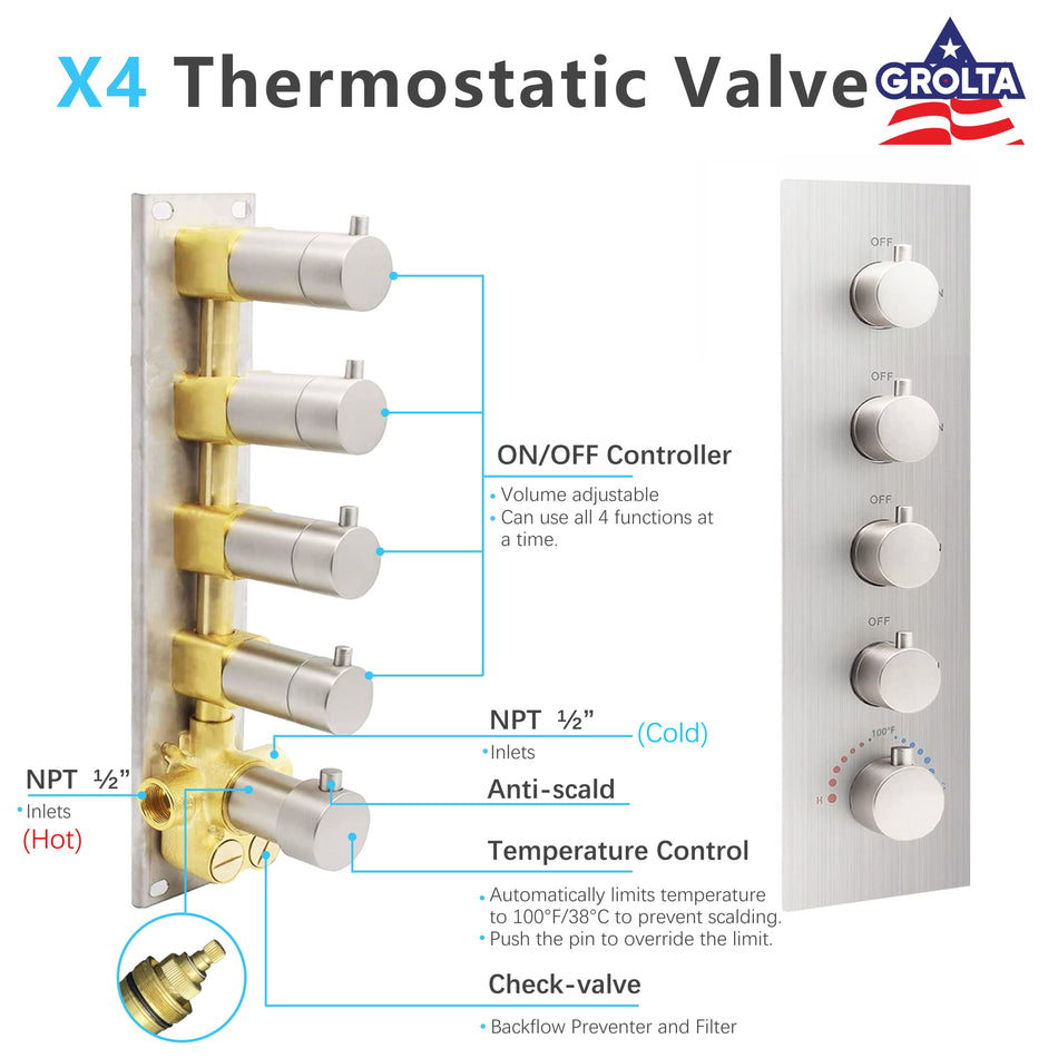 20 Inch Brushed nickel ceiling mount rainfall waterfall shower systems 4 way thermostatic valve with 6 inch regular head