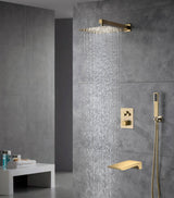 wall mounted Brushed gold 3 way Thermostatic Shower valve system with waterfall tub spout that each function run all together and separately