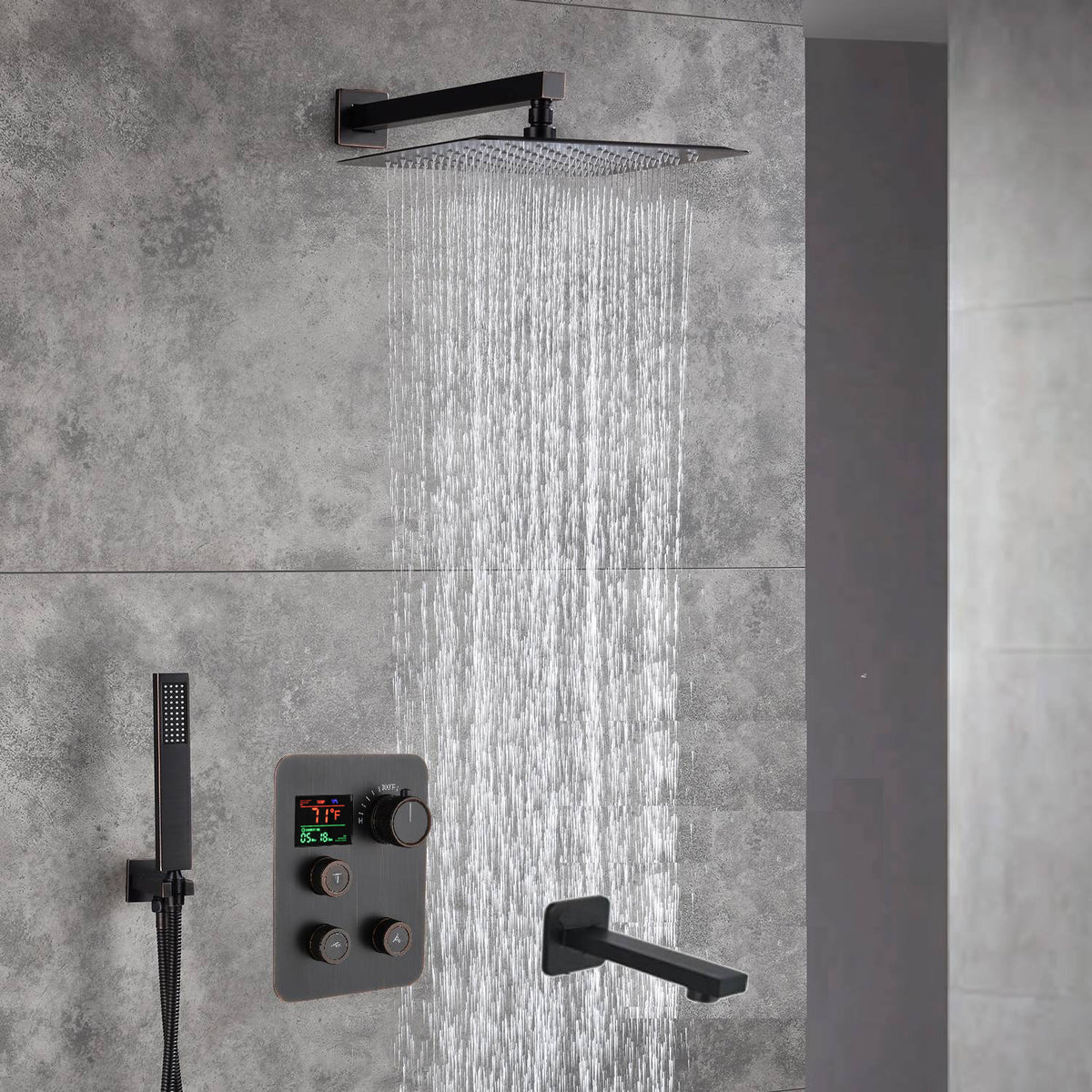 12-Inch Rainfall with our Wall-Mounted Oil Rubbed Bronze 3-Way Thermostatic Shower Faucet System: Simultaneous and Independent Functionality with Tub Spout,LED or Non-LED Options - Grolta Group USA