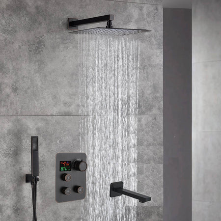 12-Inch Rainfall with our Wall-Mounted Oil Rubbed Bronze 3-Way Thermostatic Shower Faucet System: Simultaneous and Independent Functionality with Tub Spout,LED or Non-LED Options - Grolta Group USA