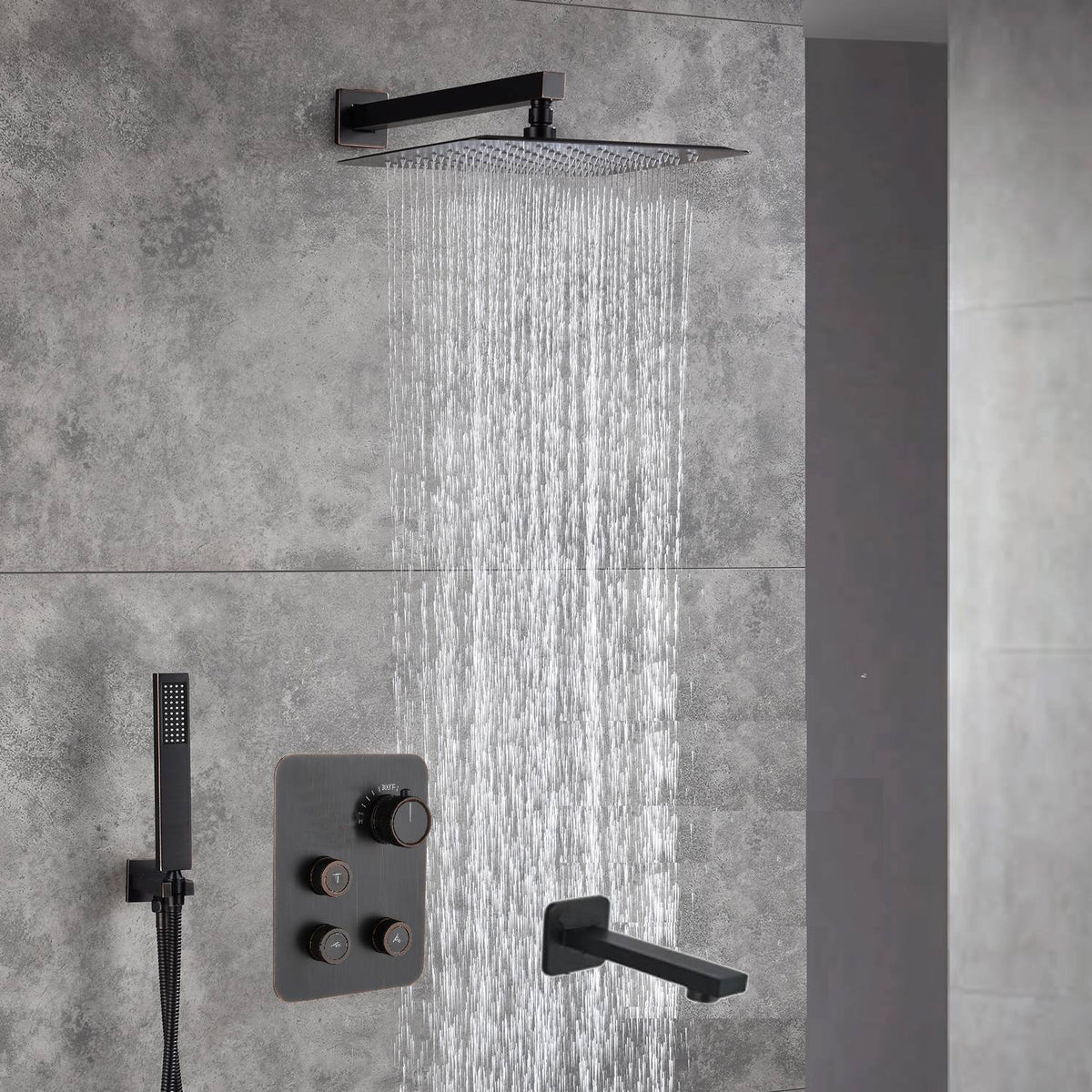 12-Inch Rainfall with our Wall-Mounted Oil Rubbed Bronze 3-Way Thermostatic Shower Faucet System: Simultaneous and Independent Functionality with Tub Spout,LED or Non-LED Options - Grolta Group USA