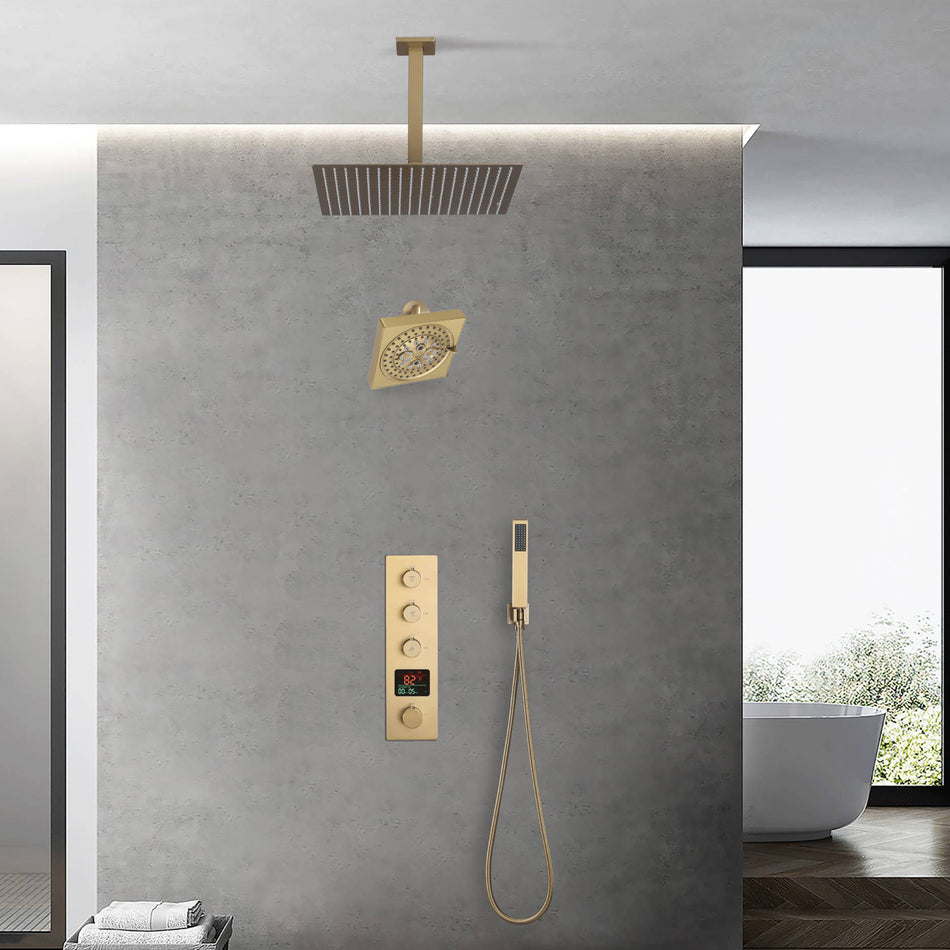 Brushed Gold rainfall shower head high pressure shower head 3 way thermostatic valve shower heads systems each function work at the same time and separately