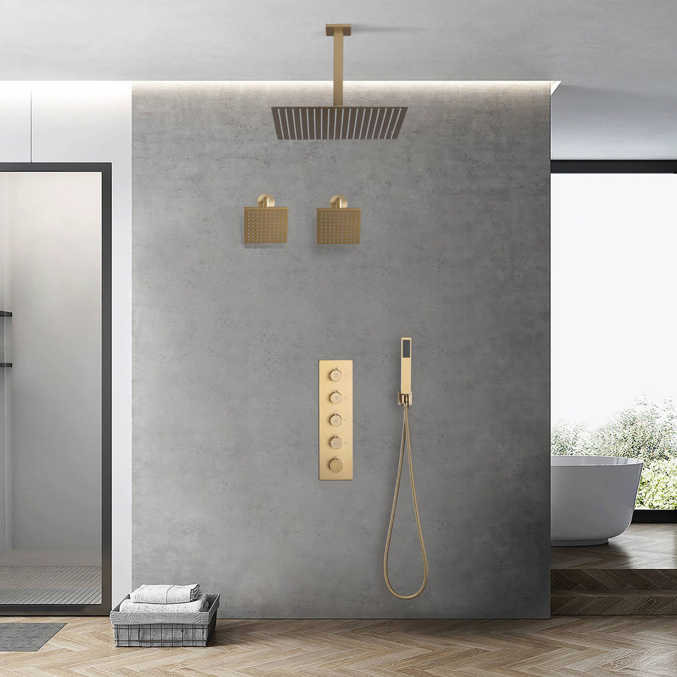 Brushed Gold 4 Function Thermostatic Faucet Set with Ceiling 12" or 16'' Rain Shower Head, High Pressure 6" and Handheld Spray