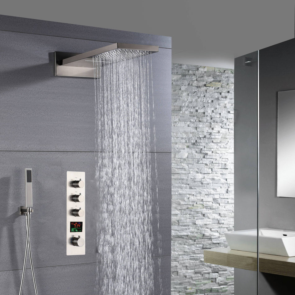 22inch rainfall and waterfall Brushed Nickel 3 Way digital Thermostatic Shower Faucet