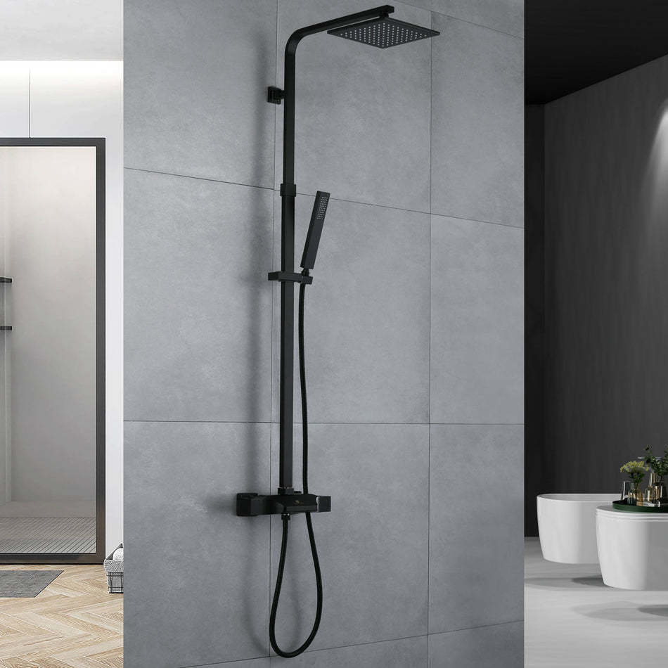 Matte Black 8 Inch Rainfall Shower Head 3 Way  Thermostatic exposed handle shower with tub faucet and handle shower