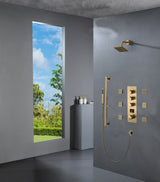 Brushed Gold Wall Mounted 12 inch or 16 Inch Rainfall Shower Head 3 Way Thermostatic Shower Faucet Set with Slide Bar and 6 Body Jets Each Function Work All Together and Separately