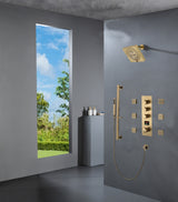 Brushed Gold Wall Mounted 12 inch or 16 Inch Rainfall Shower Head 3 Way Thermostatic Shower Faucet Set with Slide Bar and 6 Body Jets Each Function Work All Together and Separately