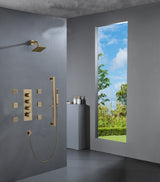 Brushed Gold Wall Mounted 12 inch or 16 Inch Rainfall Shower Head 3 Way Thermostatic Shower Faucet Set with Slide Bar and 6 Body Jets Each Function Work All Together and Separately