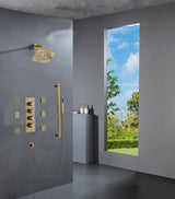 Brushed Gold Wall Mounted 12 inch or 16 Inch Rainfall Shower Head 3 Way Thermostatic Shower Faucet Set with Slide Bar and 6 Body Jets Each Function Work All Together and Separately