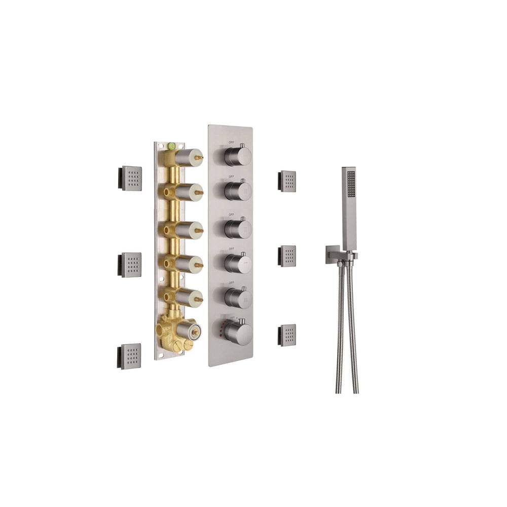 
                  
                    20 Inch Brushed nickel ceiling mount rainfall waterfall shower systems 5 way Digital display thermostatic valve with 6 body jets and regular head
                  
                