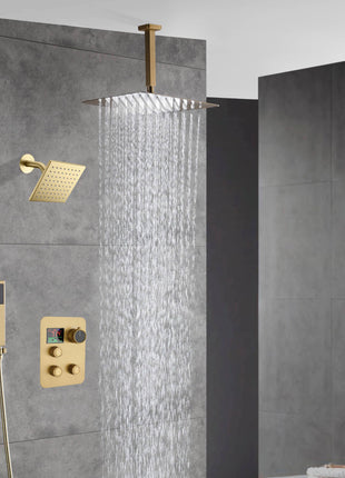 Brushed Gold Ceiling Mount Rainfall Head 3 Way Thermostatic Shower Faucet With 6'' Regular Head