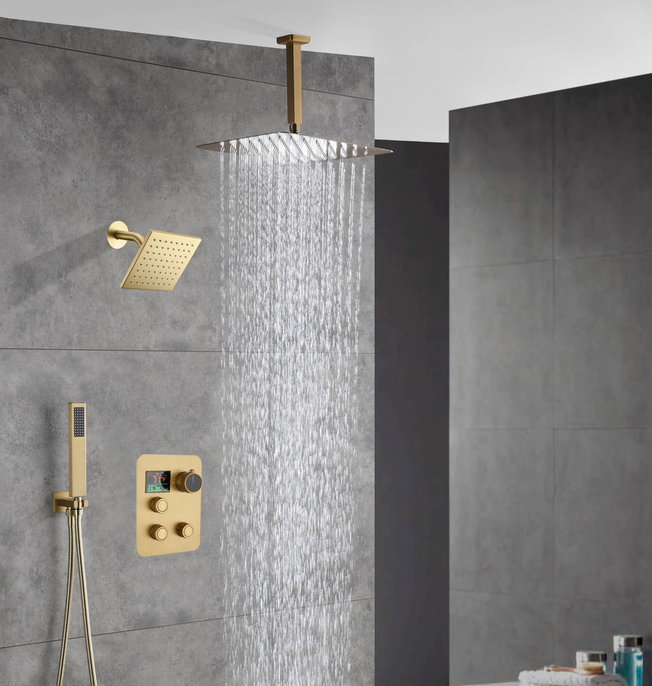 Brushed Gold Ceiling Mount Rainfall Head 3 Way Thermostatic Shower Faucet With 6'' Regular Head
