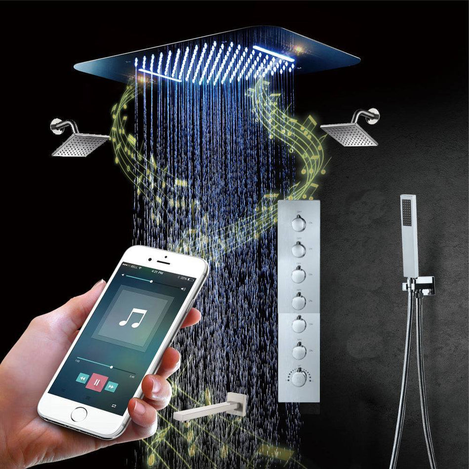 64 LED colors Brushed nickel music led flushed in 23x15inch shower head 6 way thermostatic valve that each function run at the same time and separately