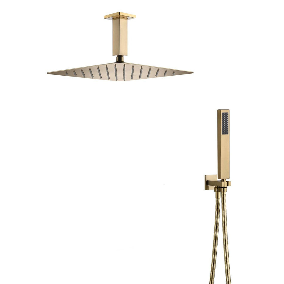 Brushed gold ceiling shower arm, shower head and handle sprayer and shower hose and holder