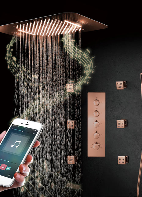 Rose Gold Music LED Flushed in 23X 15inch shower head 4 way thermostatic valve that each function run All together and separately