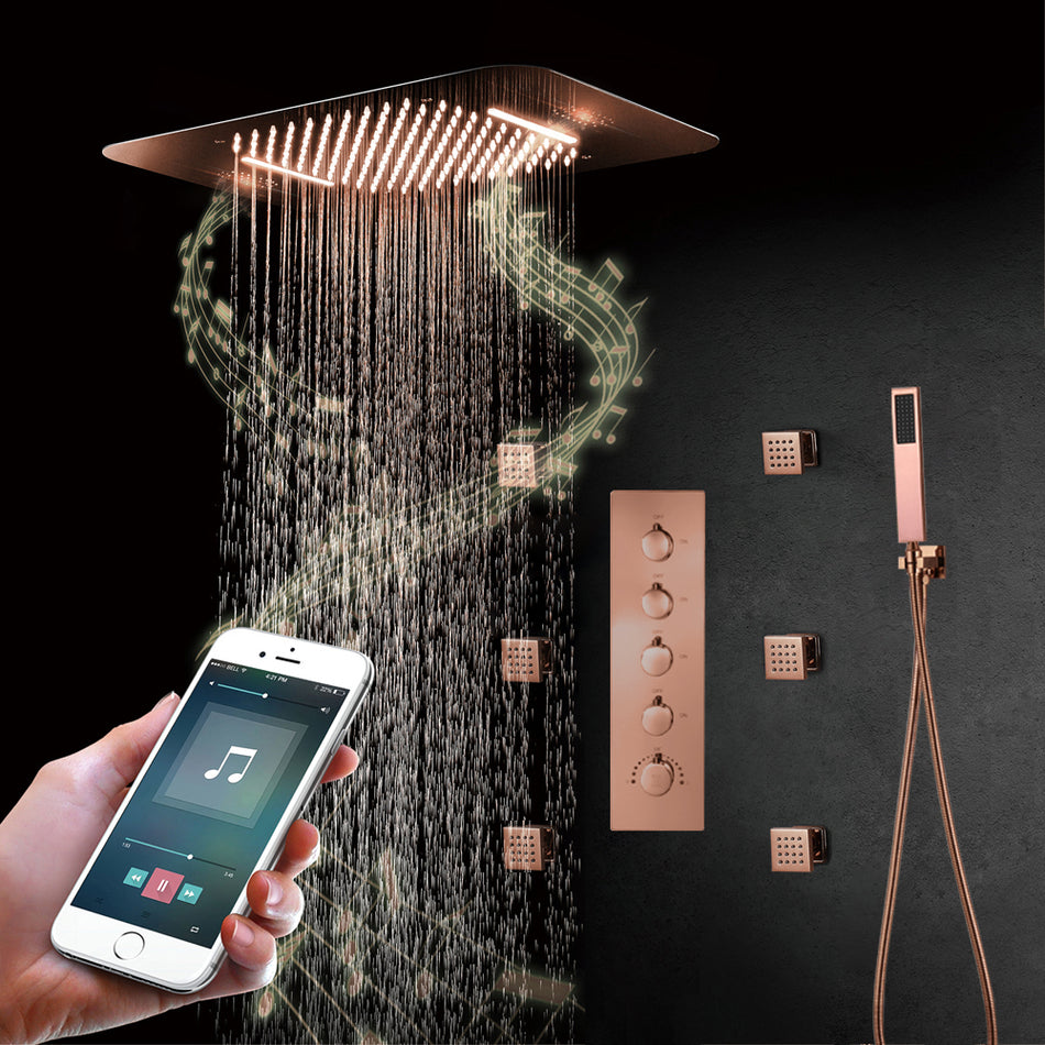 Rose Gold Music LED Flushed in 23X 15inch shower head 4 way thermostatic valve that each function run All together and separately