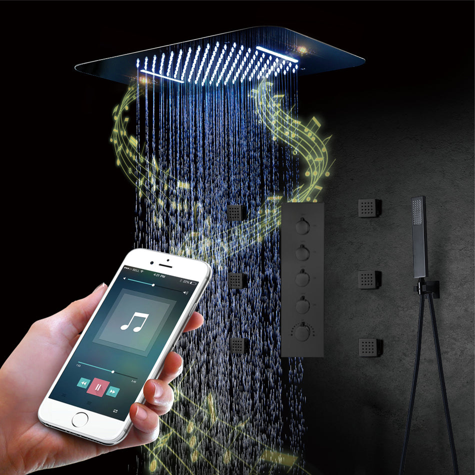 Matte Black Music LED Flushed in 23 X 15 inch waterfall rainfall shower head 4 way thermostatic valve that each function run at the same time and seperately