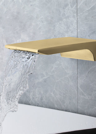Waterfall Wall-mount Pressure balance Bath Tub Filler Faucet with Handheld Shower Brushed Gold