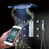64 LED colors chrome music led flushed in 23x15inch shower head 4 way thermostatic valve that each function run at the same time and separately