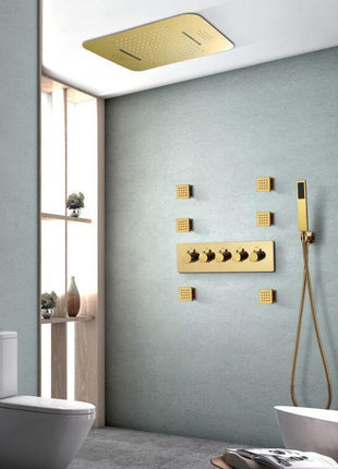 Polished Gold Music LED Flushed in 23X 15inch shower head 4 way thermostatic valve that each function run at the same time and separately