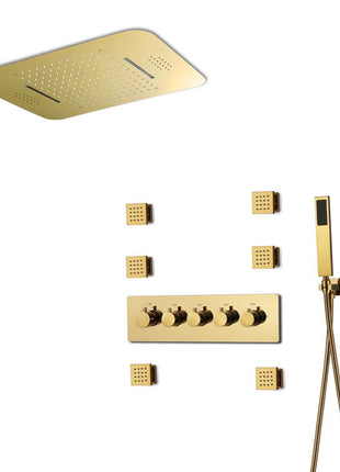 Polished Gold Music LED Flushed in 23X 15inch shower head 4 way thermostatic valve that each function run at the same time and separately