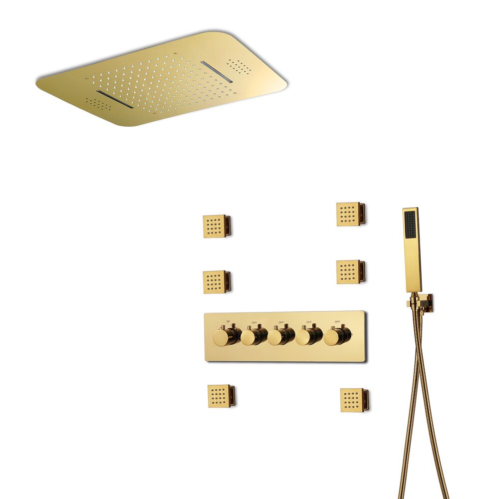 
                  
                    Polished Gold Music LED Flushed in 23X 15inch shower head 4 way thermostatic valve that each function run at the same time and separately
                  
                