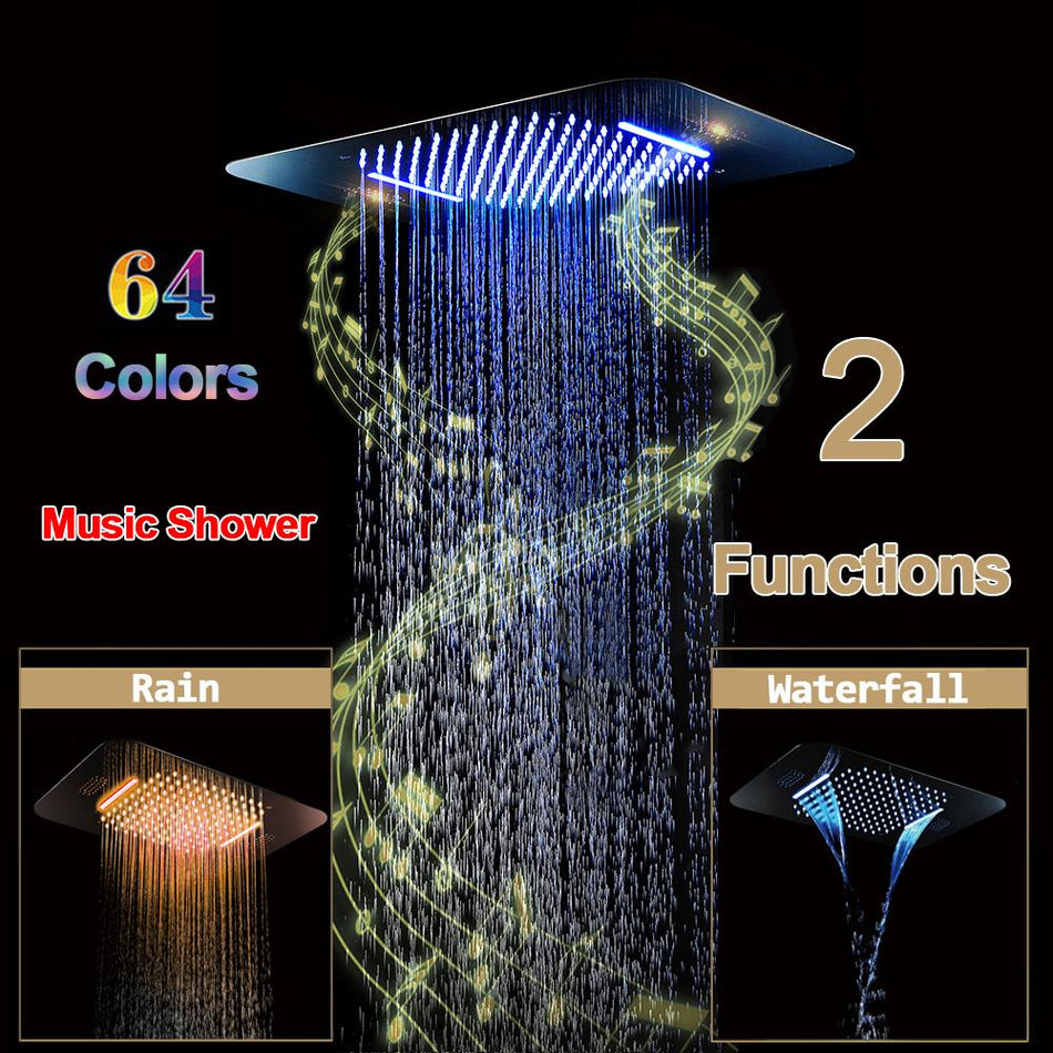 Rose Gold Music LED Flushed in 23X 15inch shower head 4 way thermostatic valve that each function run All together and separately