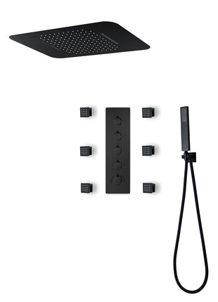 Matte Black Music LED Flushed in 23 X 15 inch waterfall rainfall shower head 4 way thermostatic valve that each function run at the same time and seperately