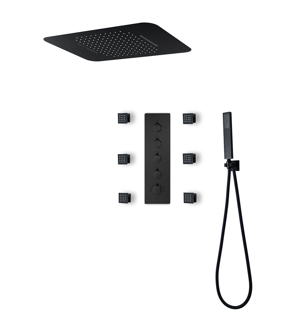Matte Black Music LED Flushed in 23 X 15 inch waterfall rainfall shower head 4 way thermostatic valve that each function run at the same time and seperately