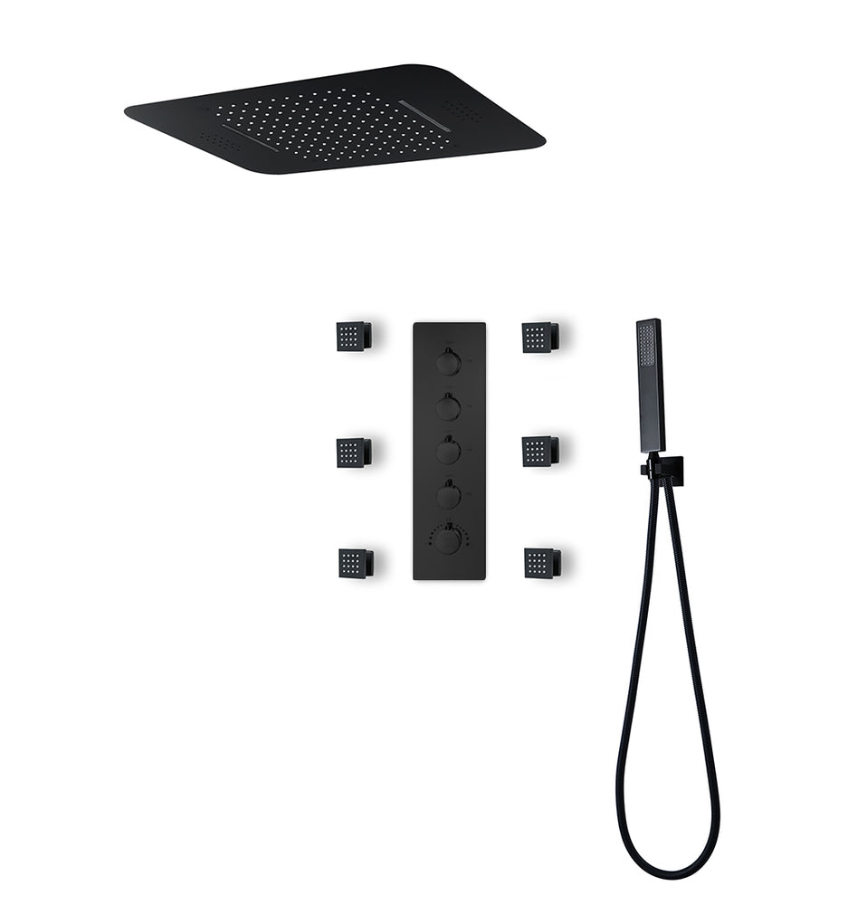 
                  
                    Matte Black Music LED Flushed in 23 X 15 inch waterfall rainfall shower head 4 way thermostatic valve that each function run at the same time and seperately
                  
                