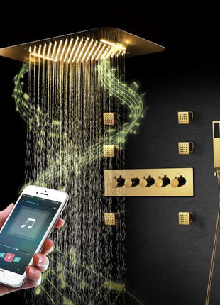 Polished Gold Music LED Flushed in 23X 15inch shower head 4 way thermostatic valve that each function run at the same time and separately
