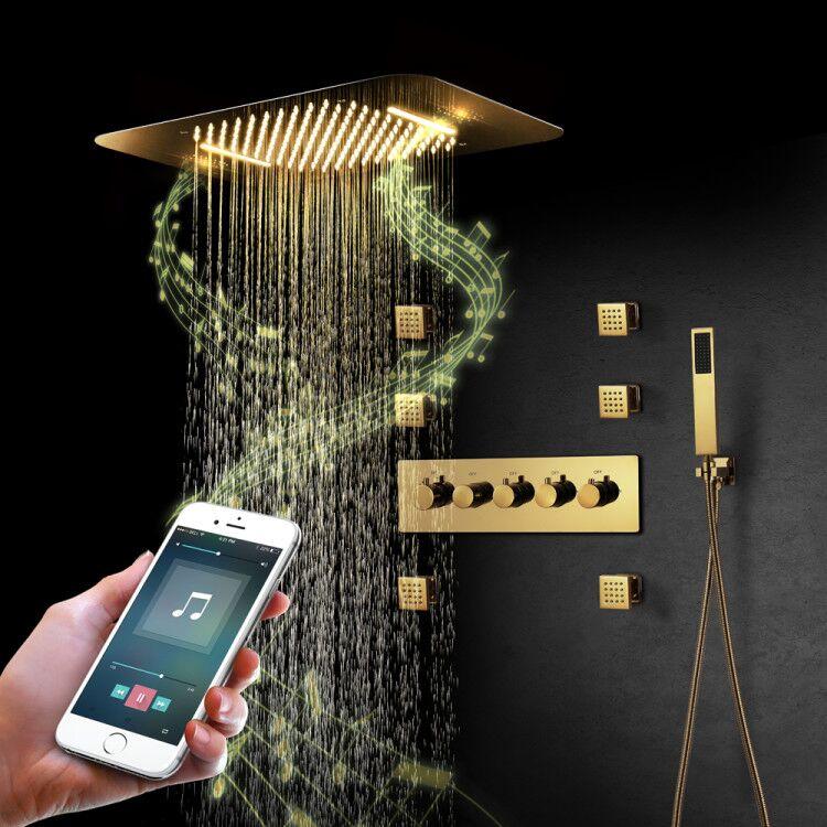 Polished Gold Music LED Flushed in 23X 15inch shower head 4 way thermostatic valve that each function run at the same time and separately