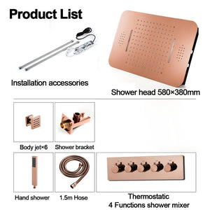 
                  
                    Rose Gold Music LED Flushed in 23X 15inch shower head 4 way thermostatic valve that each function run All together and separately
                  
                