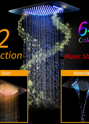 64 LED colors chrome music led flushed in 23x15inch shower head 4 way thermostatic valve that each function run at the same time and separately