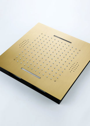 Brushed Gold Music 64 LED lights Flushed mount 20 X 20 inch rain waterfall shower head 4 way Digital display thermostatic valve that each function run all together and separately