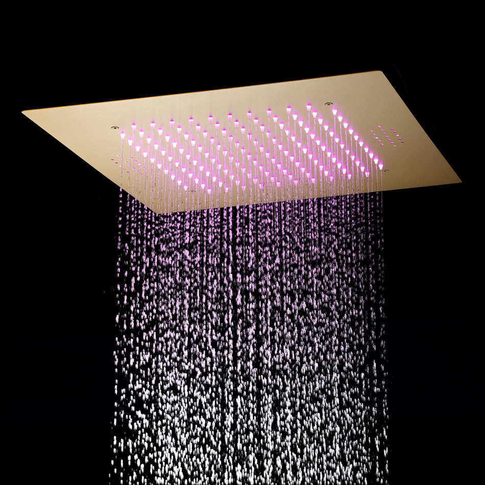 Brushed Gold Music 64 LED lights Flushed mount 20 X 20 inch rain  shower head 3 way  thermostatic valve that each function run all together and separately
