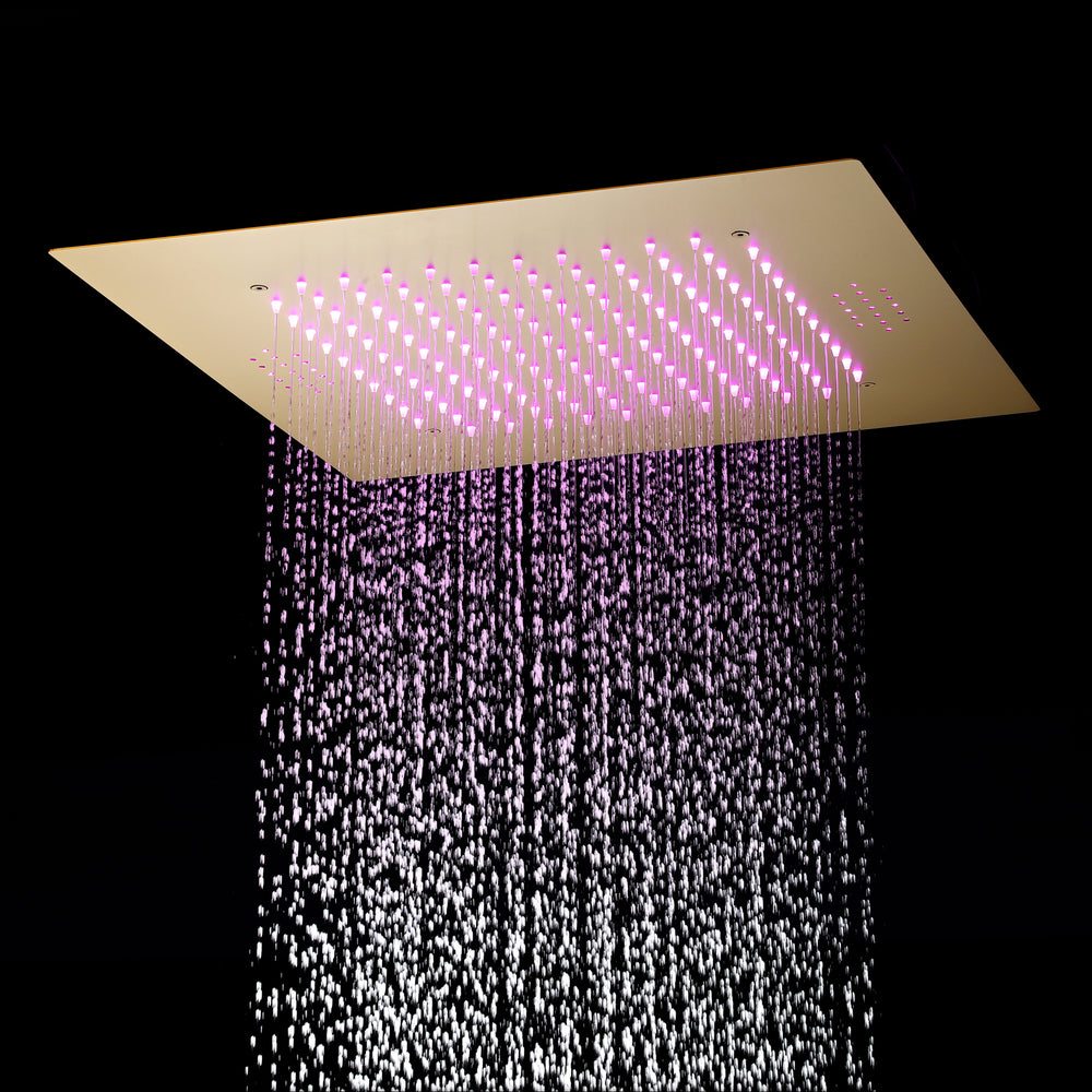 
                  
                    Brushed Gold Music 64 LED lights Flushed mount 20 X 20 inch rain  shower head 3 way  thermostatic valve that each function run all together and separately
                  
                